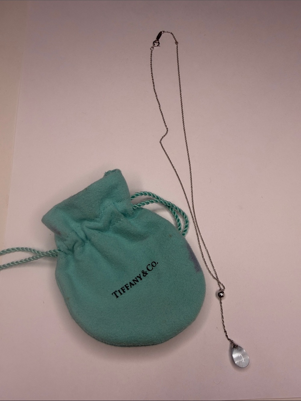 Tiffany & Co. 18K White Gold  Drop Aquamarine Y Necklace w/pouch 750